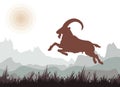 isolated silhouette of a jumping mountain goat, capricorn,. sun. Royalty Free Stock Photo